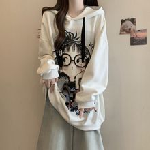 大码T恤加绒加厚印花连帽卫衣女2024秋冬季新款宽松显瘦长袖上衣