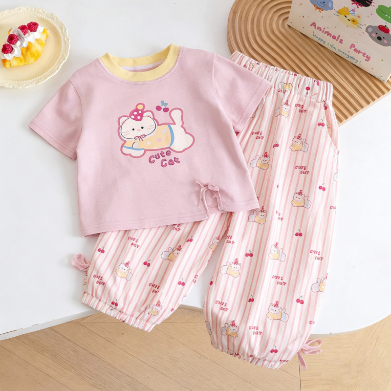 Soft and Cute Cat-Themed 2026 Summer New Outfit Set: Printed T-Shirt + Plaid Cherry Lantern Anti-Mosquito Pants Two-Piece Set for Summer