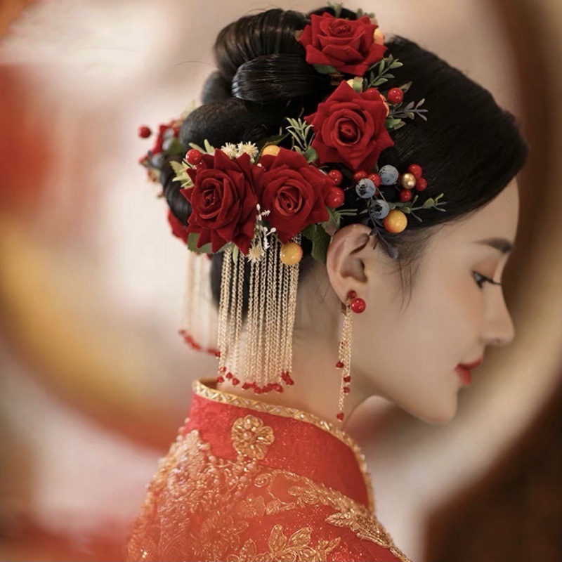 Chinese bride XiuHe Chinese wedding party Bridal xiuhe dress headdress hanfu queen cosplay hair comb wedding rose flower hair accessories wholesale