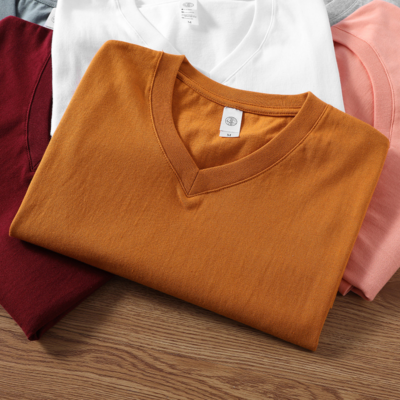 220g Cotton V-neck Short-sleeved T-shirt Men's and Women's Summer New Loose Net Edition Solid Color Basic Half-sleeved T-shirt