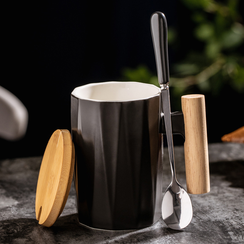 Taza de mango de madera creativa, taza de café, taza de cerámica, taza de agua, taza con tapa, cuchara, LOGOTIPO tallado