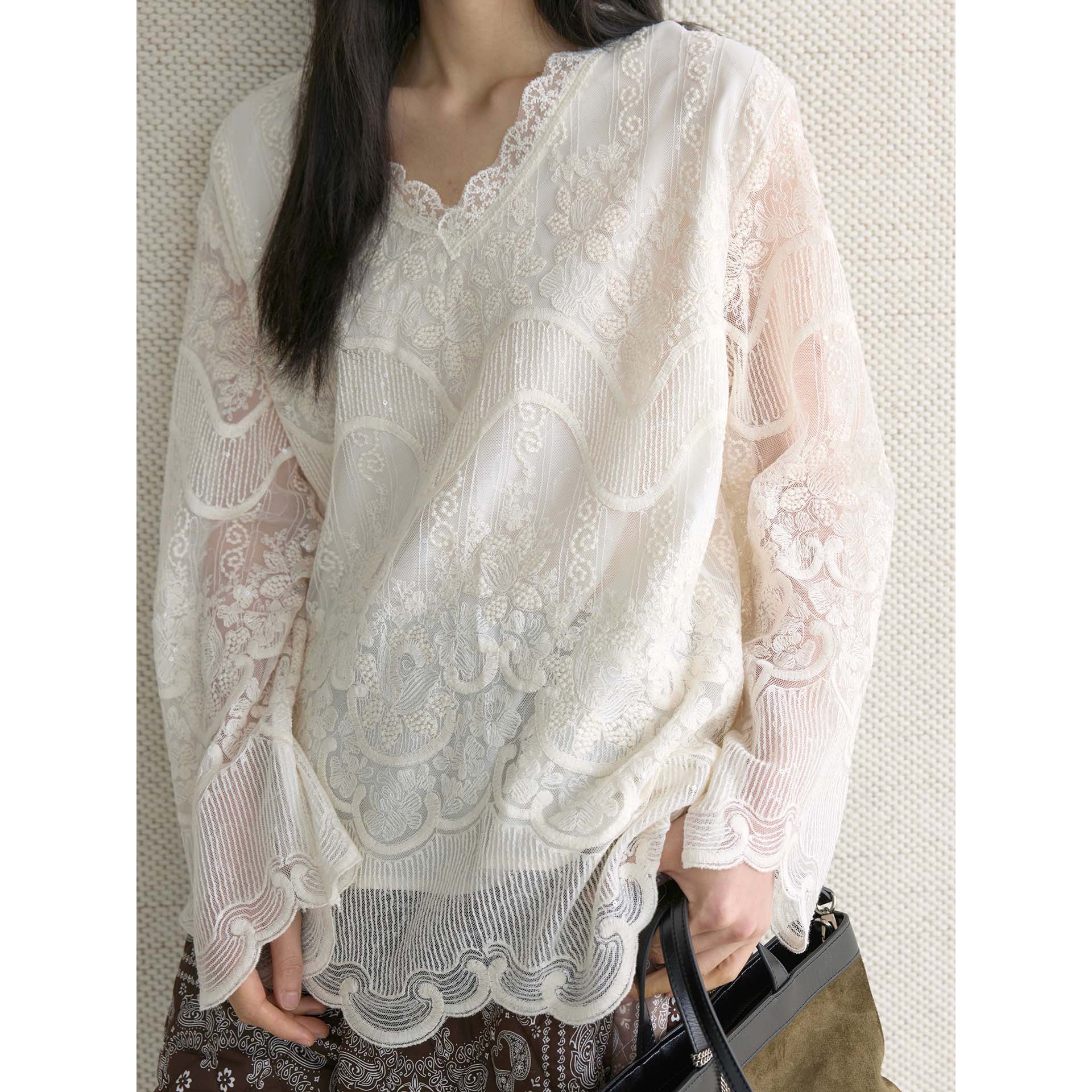 Louvre Early Spring New French Style Lace V Neck Double-Lined Translucent Shirt Stereo Embroidered Top for Women