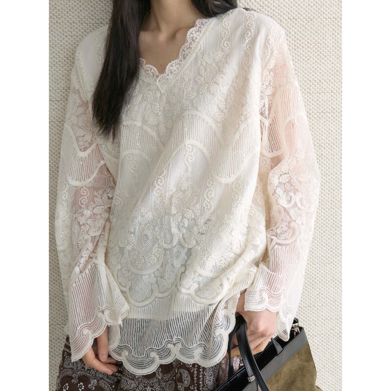 Louvre Early Spring New French Style Lace V Neck Double-Lined Translucent Shirt Stereo Embroidered Top for Women Louvre Early Spring New French Style Lace V Neck Double-Lined Translucent Shirt Stereo Embroidered Top for Women