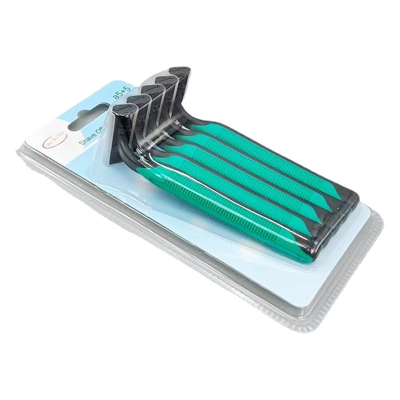 Pack of 5 Blue and Green Manual Razors with Adhesive Handles and Two-Layer Blades for Hair Removal and Shaving