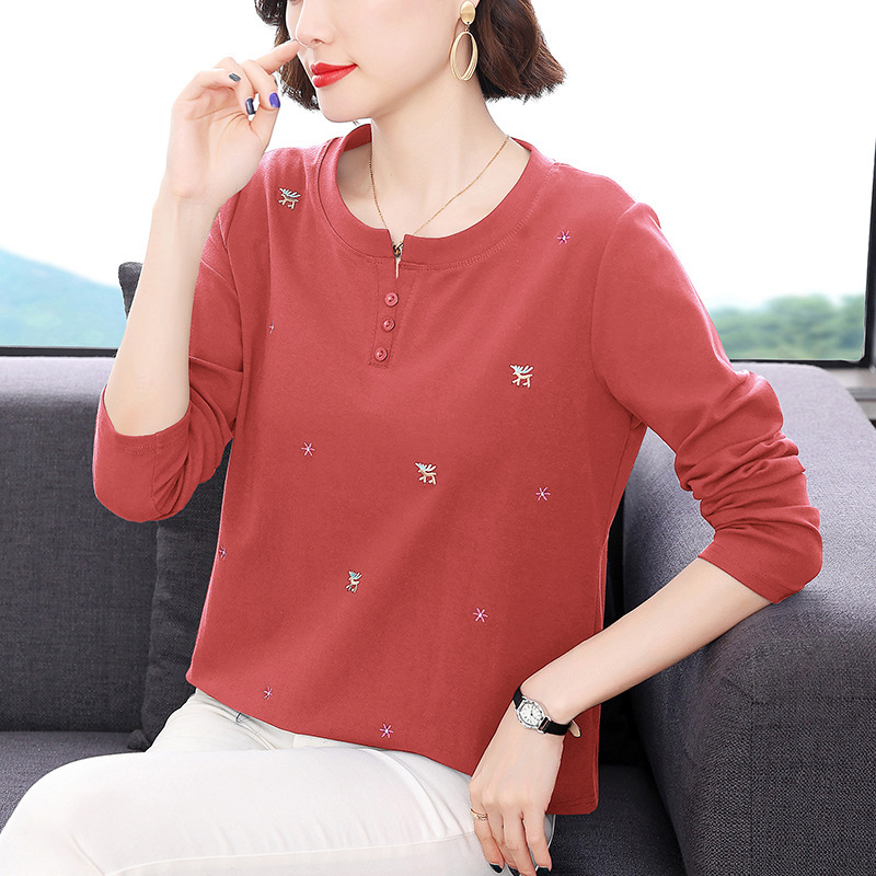 Pure Cotton Embroidered Long-Sleeved T-Shirt for Women in Spring and Summer, Middle-Aged and Elderly Mothers' Clothing, Foreign Trade Women's Clothing, Factory Clothing Wholesale Pure Cotton Embroidered Long-Sleeved T-Shirt for Women in Spring and Summer, Middle-Aged and Elderly Mothers' Clothing, Foreign Trade Women's Clothing, Factory Clothing Wholesale