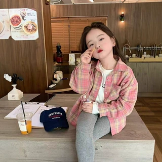 女童韩版长袖衬衣秋款儿童儿童洋气粉色格子衬衫上衣儿童全棉衬衫