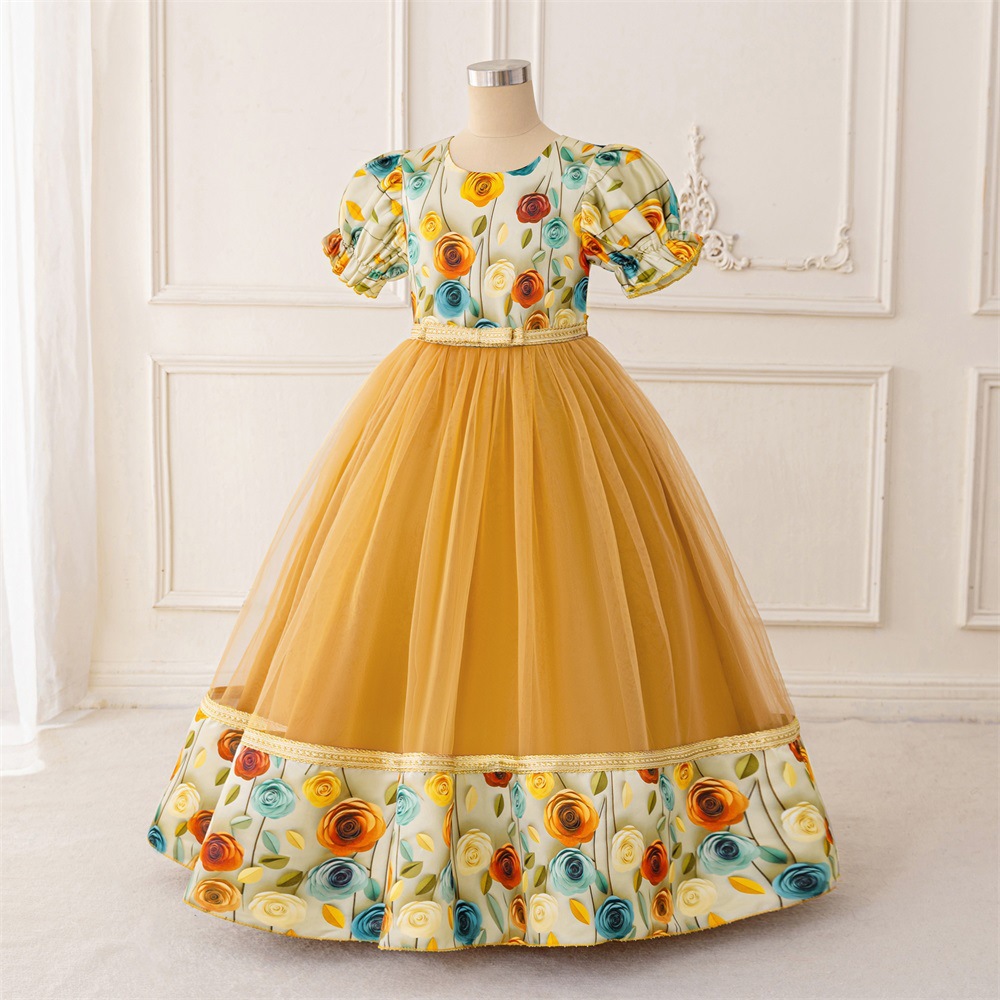 2026 nuevo vestido de princesa para niñas vestido de manga de burbuja vestido de tela impresa vestido de 8 - 12 años vestido de cumpleaños de princesa