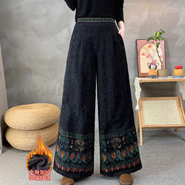 加绒休闲裤女2025新款文艺民族风松紧腰复古宽松百搭宽松阔腿裤