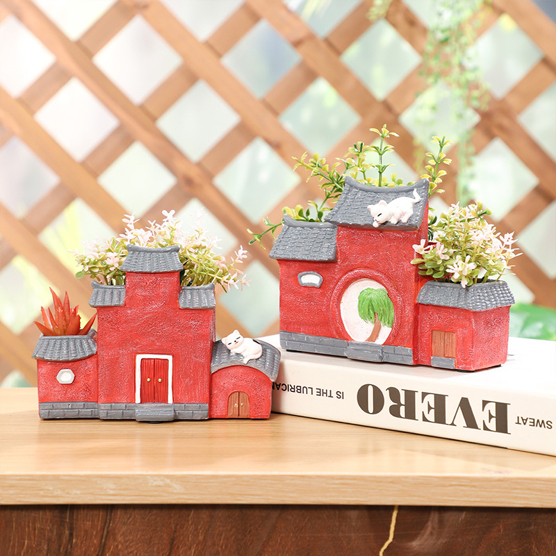 Chậu Cây Resin Chậu cây mọng nước hình nhà kiến trúc Trung Hoa, chậu mini trang trí sân vườn, ban công và văn phòng (RG-202)