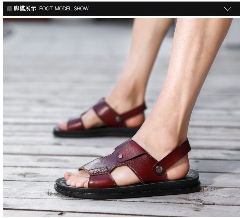 Dép sandal nam quai ngang hở ngón chất liệu da PU chống trơn, size lớn đi ngoài trời — Kaki, Màu xám, Đen toàn bộ, Đỏ rượu chi tiết 14