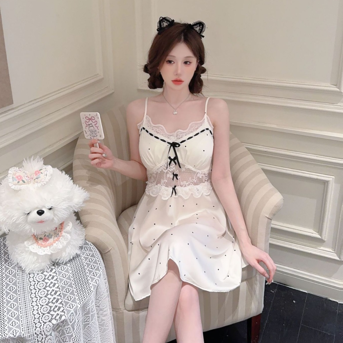 2024 New Sexy Nightdress Women's Summer Sling Ice Silk Pajamas Ins Printed Pure Desire Pajamas with Chest Pad