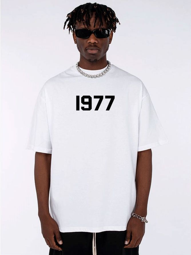 Heavy 350g de hilo doble manga corta para hombres y mujeres escote pequeño 1977 Camiseta de algodón suelta media manga blanca caída hombro media manga