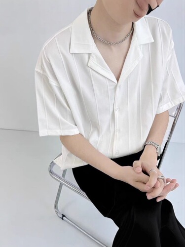 Guava Striped Shirt Men's Short Sleeve Summer Thin Ice Silk Loose Iron-Free Design Semi-Sleeve Shirt