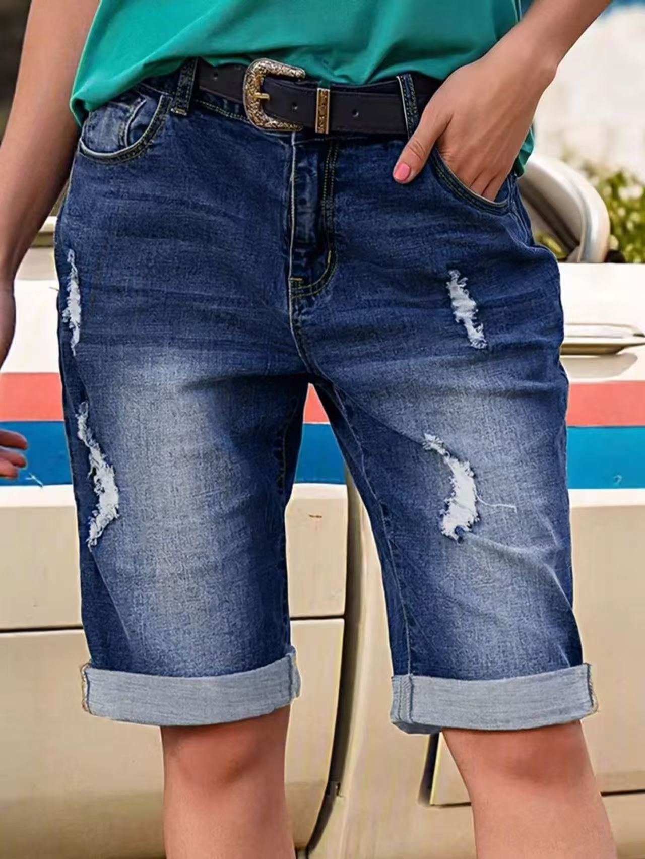 Jeans Capri con Roturas para Mujer, Mezclilla de Algodón y Poliéster, Ligeramente Elástico, Retro, para Uso Diario