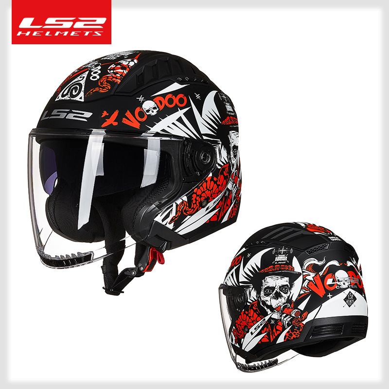 LS2 casco de la motocicleta de los hombres y las mujeres de doble lente medio casco de la motocicleta de la vendimia Cuatro Estaciones de invierno de personalidad OF600