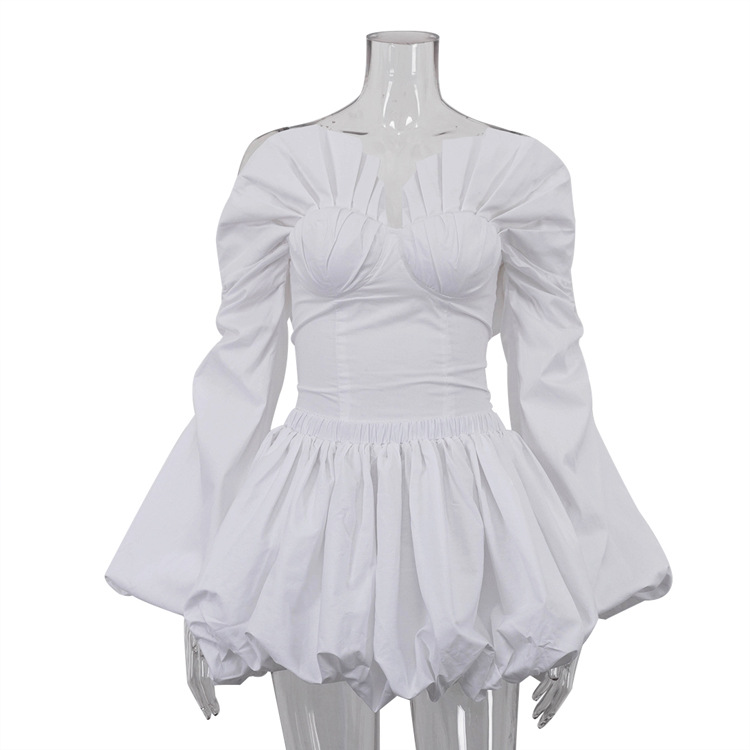 Sexy Draped Women Lantern Sleeve Tube Top Cinched Waist Lace up Top Pettiskirt Two Piece Sets