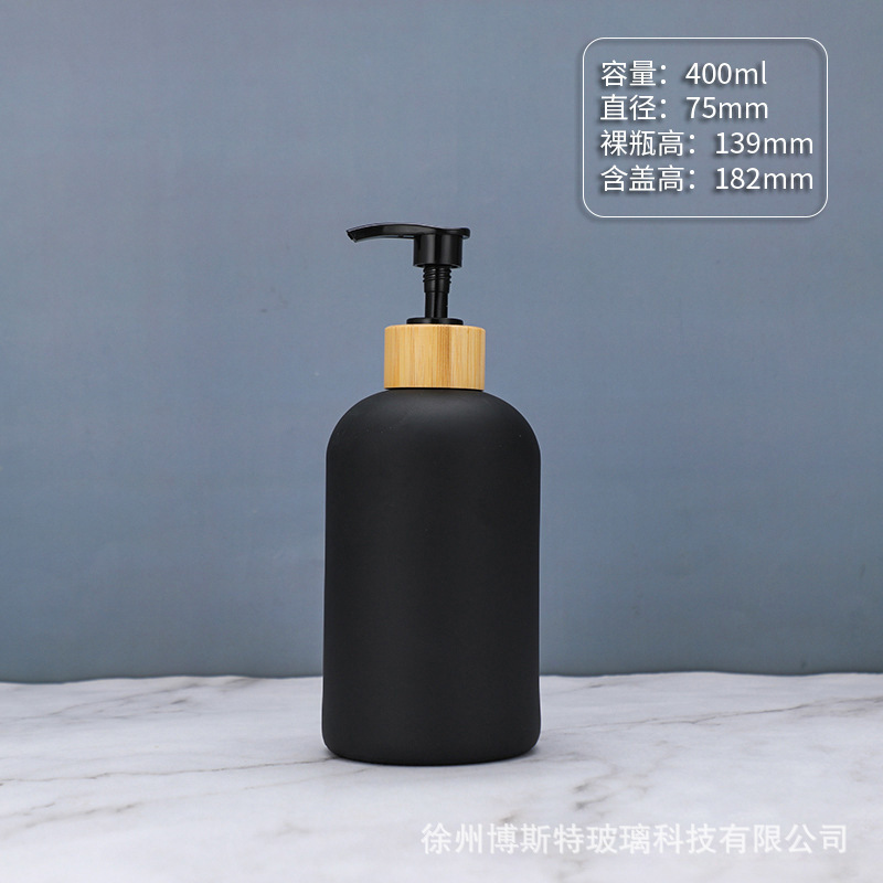 400ml; botella de arena negra + bomba de presión de bambú y madera; vidrio