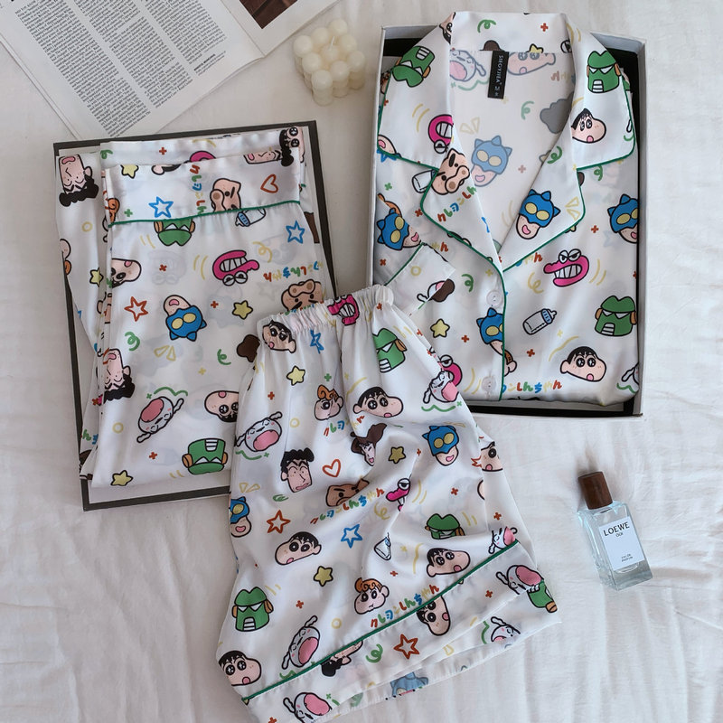 [Crayon Shin-Chan] Spring and Summer Ice and Snow Silk Pajamas, Cute Cartoon Long-Sleeved Loose Live Broadcast Popular Suit, Silk Silk