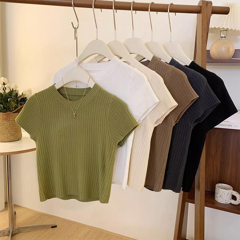 Ice silk knitted short-sleeve T-shirt for women, 2026 summer thin stylish age-reducing versatile round-neck short top Ice silk knitted short-sleeve T-shirt for women, 2026 summer thin stylish age-reducing versatile round-neck short top