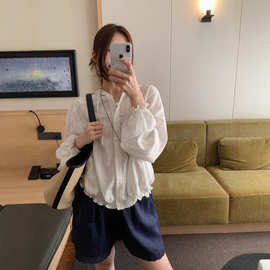 韩系连帽防晒衬衫女夏季木耳边薄款长袖宽松休闲百搭短款外套上衣