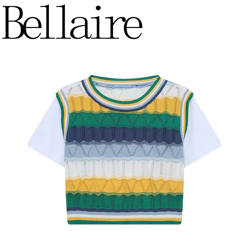 Za Foreign Trade Wholesale European and American Style French Fashion Versatile Colorful Striped Knitwear Regular Shoulder Short-Sleeve T-Shirt