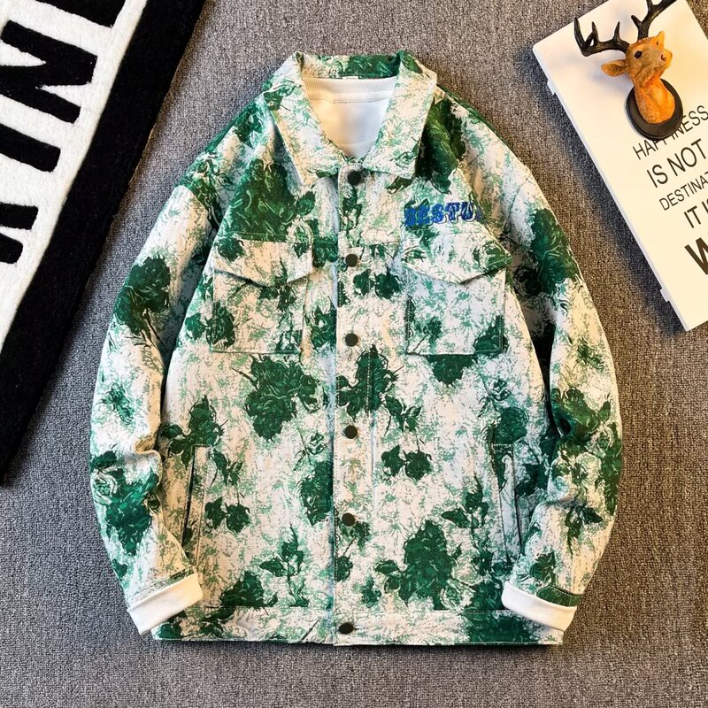 2025 New Trendy Handsome Floral Jacket Niche Design Long-Sleeved Lapel Cardigan Washed Denim Jacket for Boys