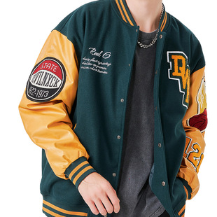 Men's American Street Hip-Hop Embroidered Color-Block Baseball Jacket Trendy Loose Couple Casual Jacket Autumn
