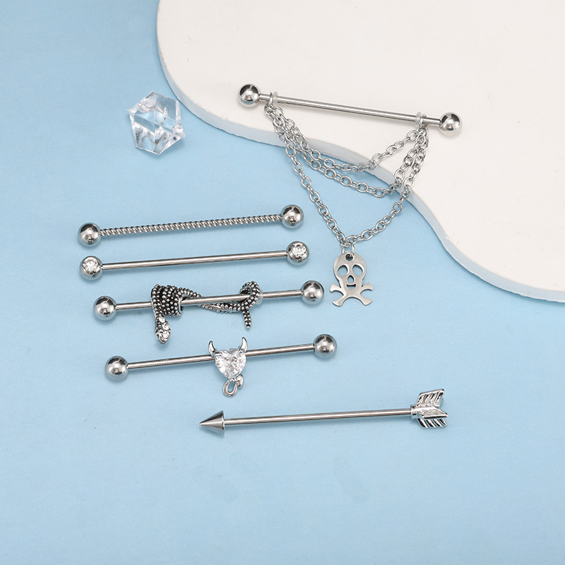 Industrial Ear Studs Set Six-Piece Stainless Steel Ghost Head Heart Snake Piercing Jewelry detail image 7