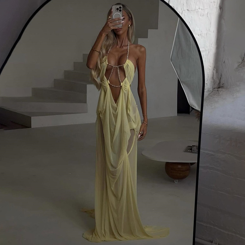 Women's Clothing Summer Sexy European American Style Mesh Patchwork Low Cut Halter Neck Backless Irregular Dress For Women_ecoleips.com