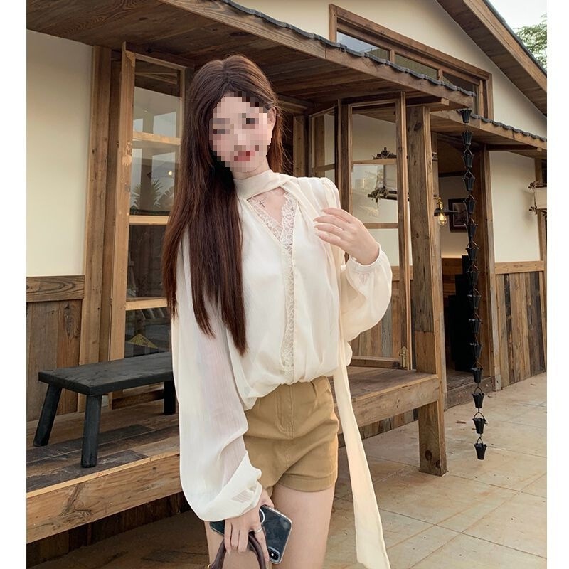 New French Style Design with Floating Collar and Lace Edge, Loose and Elegant Chiffon Shirt Top for Women to Wear Outside