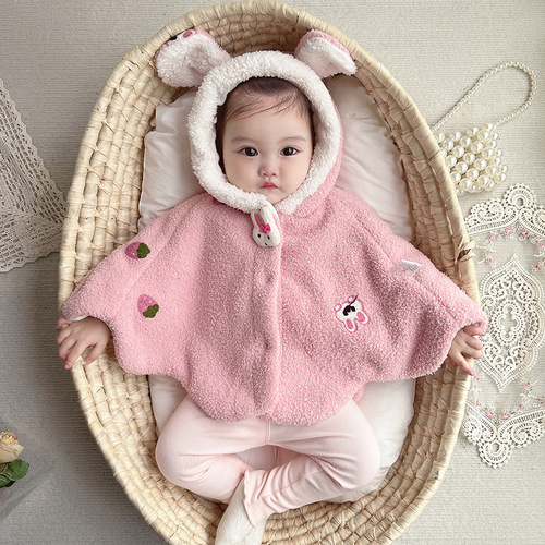 idea infants and young children  autumn and winter new plush tops girls baby embroidery printed outer wear cloak jacket 2960