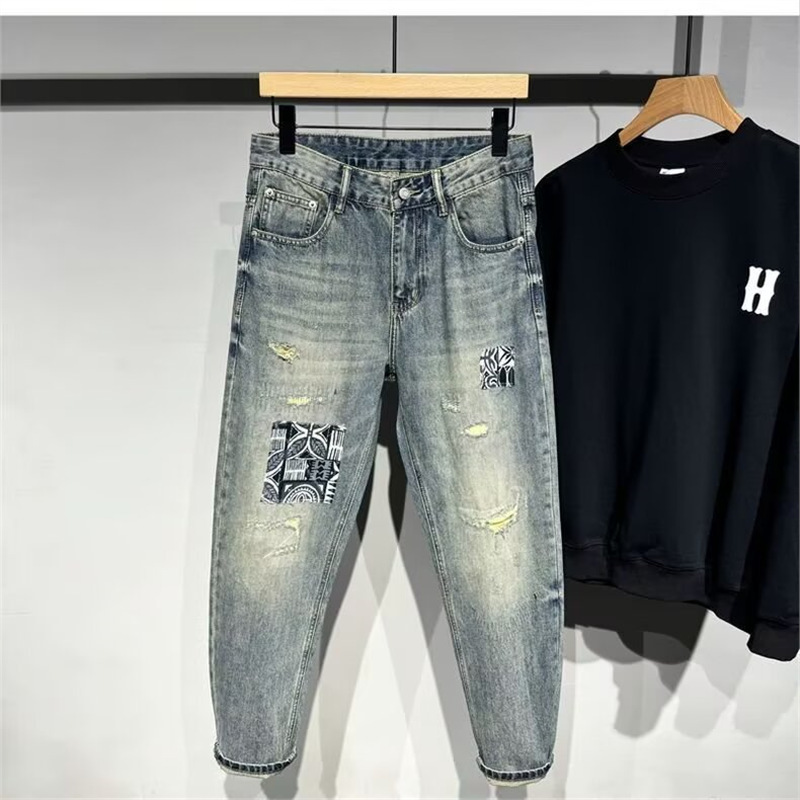 American High Street Retro Patch Embroidered Jeans Men's Fashion Loose Straight Micro-Span Palace Pants Men's Trousers American High Street Retro Patch Embroidered Jeans Men's Fashion Loose Straight Micro-Span Palace Pants Men's Trousers