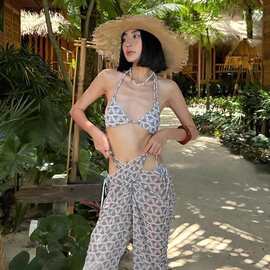 新款泳装夏威夷果仁比基尼泳衣三件套性感雪纺长裤辣妹度假泡温泉