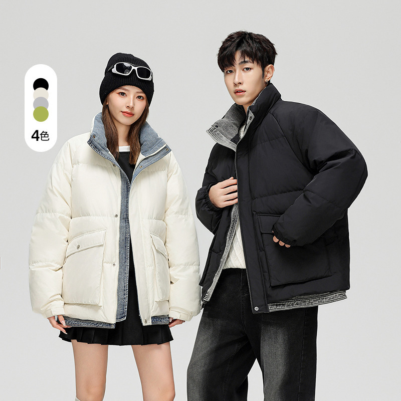Enbu Winter New Men's down Jacket Denim Patchwork Faux Two-Piece Thickened Casual Couple's Outfit