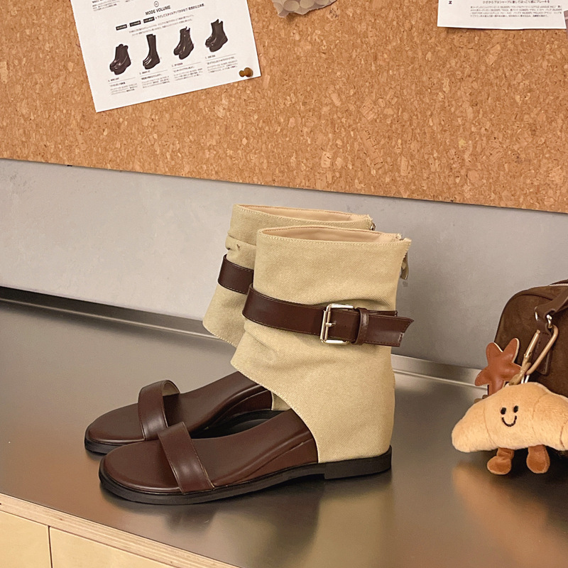 2026 Spring and Summer New Style Apricot Canvas with Leather Buckle Open-Toe Sandals for Women, Flat Square-Toe Roman Boots, Retro Casual