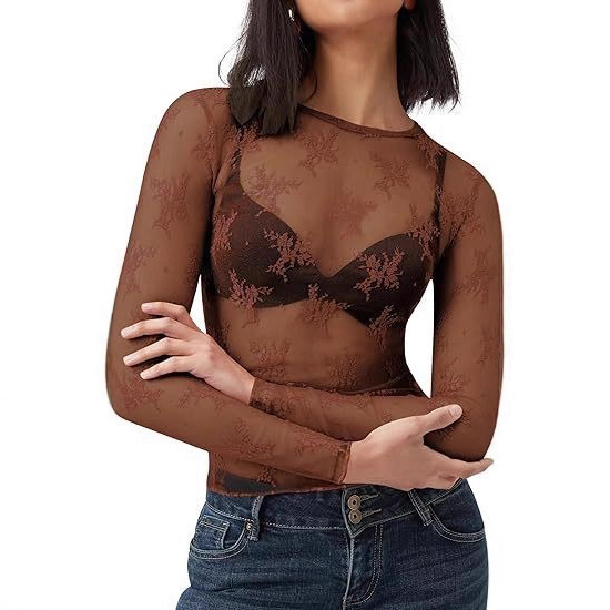 Wish Amazon European and American Foreign Trade Mesh Transparent Lace Base Long-Sleeve Top for Women Party See-Through T-Shirt Blouse