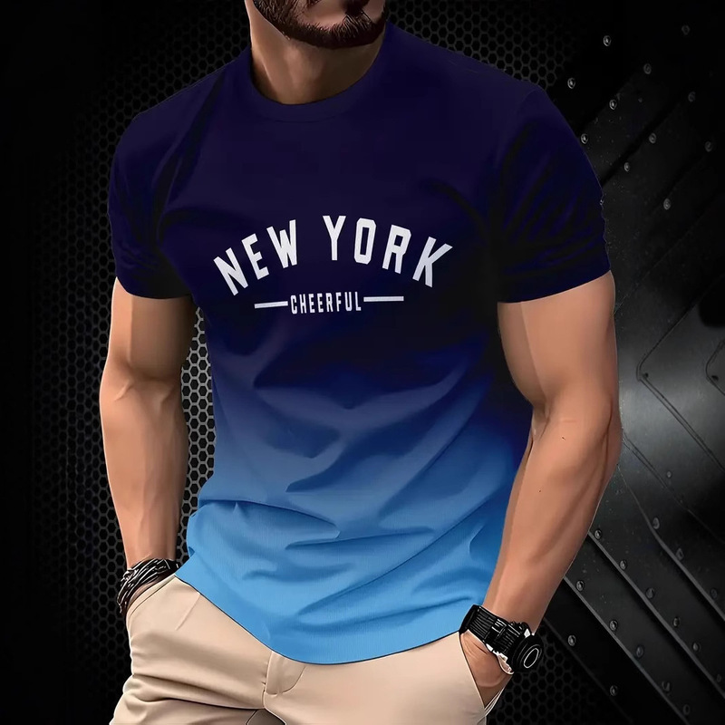 2025 Cross-Border Export Gradient Color Men's Short-Sleeved Round Neck T-Shirt Tops Letter Printed Breathable Sports Jogging Tops 2025 Cross-Border Export Gradient Color Men's Short-Sleeved Round Neck T-Shirt Tops Letter Printed Breathable Sports Jogging Tops