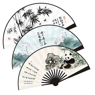 熊猫扇子古风竹扇夏日荷花绢布折扇定做竹扇子学生便携中式扇定制