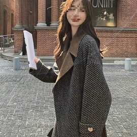 包邮韩版条纹撞色毛呢外套女秋冬季2024新款小个子感加厚呢子大衣