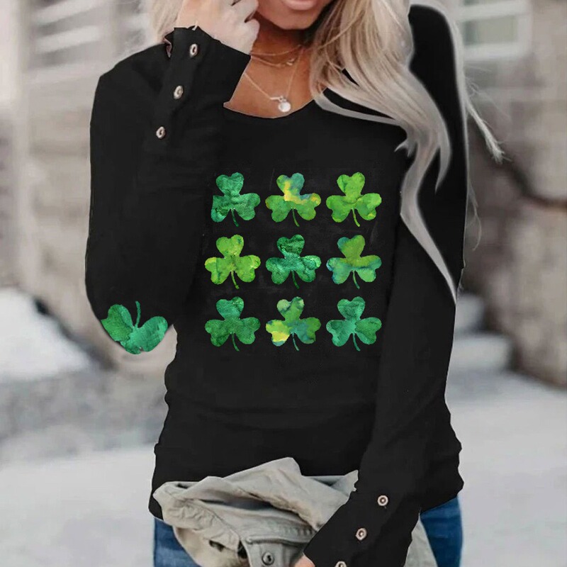 2021 Amazon Women's St. Patrick's Day clover print casual long sleeve T-shirt top
