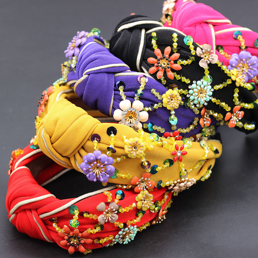 Plaid, Flower Pattern Fashion Plaid Flower Cloth Rhinestone Hair Band 1 Piece
