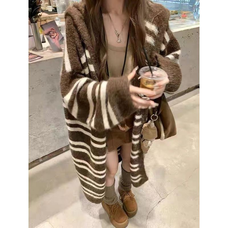 Ys Lazy Style Stripesd Contrast Hooded Thick Sweater Jacket for Women in Autumn and Winter Chic Loose Long Knitted Cardigan