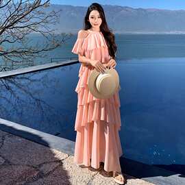 粉色绝美氛围感气质无袖挂脖仙女连衣裙女夏季温柔风冷淡系蛋糕裙