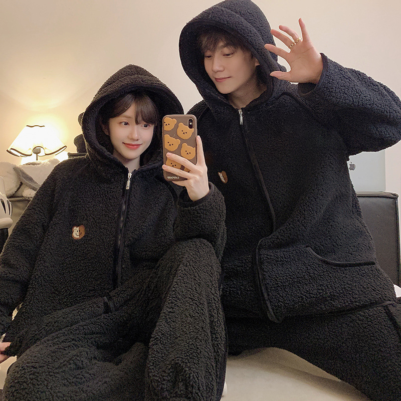 Autumn and Winter New Couple Pajamas for Men and Women Large Size Thickeneded Cashmere Hooded Zipper Long-Sleeved Pants Home Wear Set
