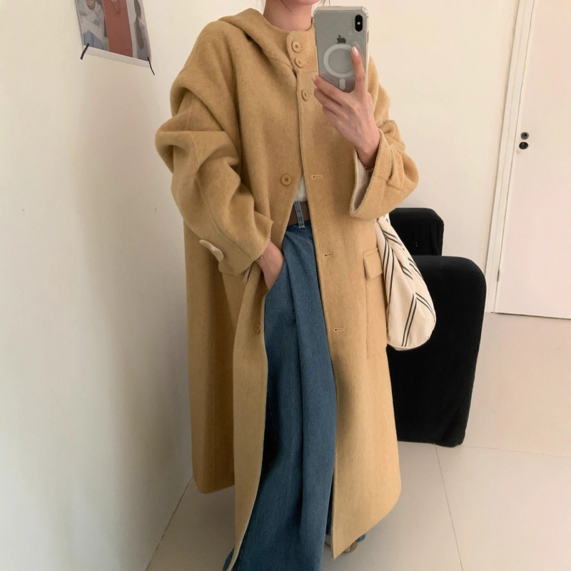 Autumn and Winter New Mid-Length Hooded Woolen Outwear for Women Loose Lazy Single-Breasted Flap Pocket Pants Outwear 250288