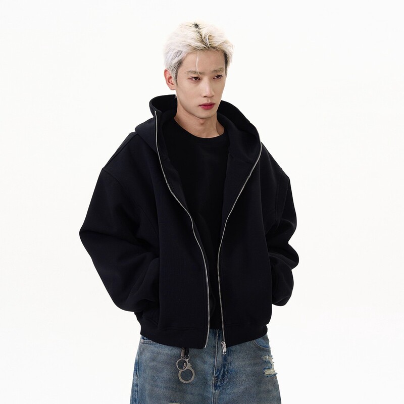 High Street Cleanfit Pure Color Cardigan Hooded Sweatshirt Men's Autumn and Winter Boxy Short Zipper Casual Versatile Jacket High Street Cleanfit Pure Color Cardigan Hooded Sweatshirt Men's Autumn and Winter Boxy Short Zipper Casual Versatile Jacket