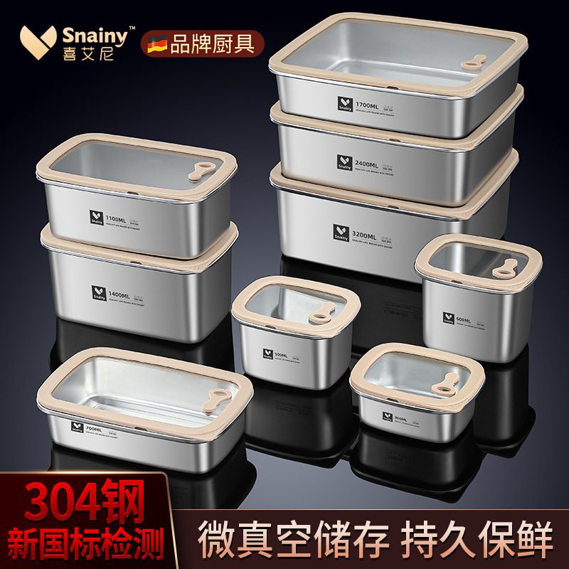 304 Stainless Steel Crisper Food-Grade Lunch Box with Lid Refrigerator Storage Freezer Sealed Box Lunch Box Square Box