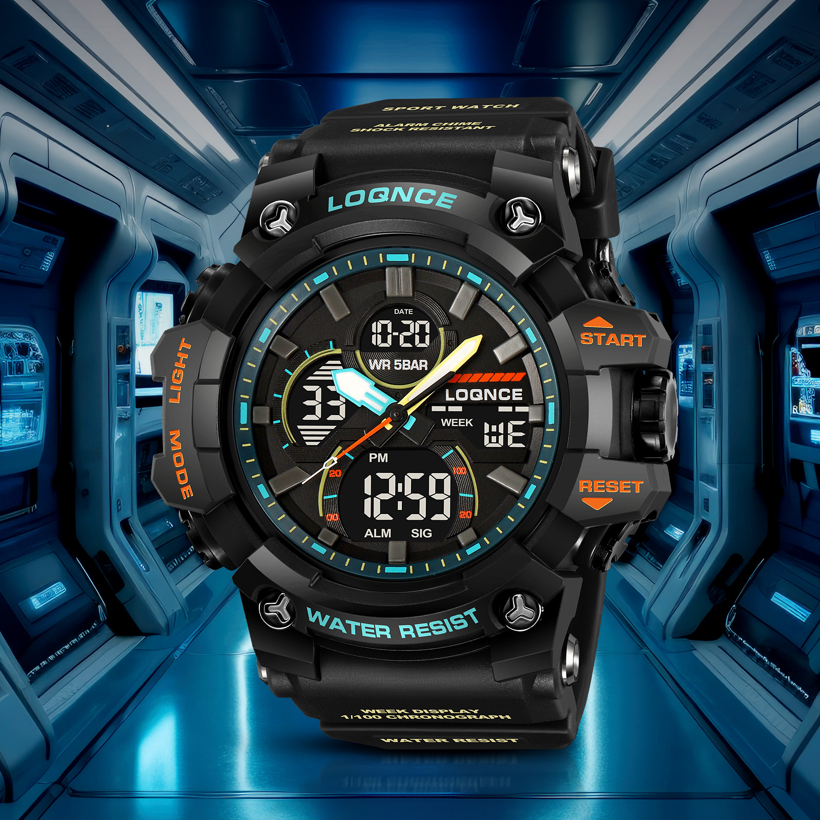 LOQNCE gran dial reloj deportivo nocturno electrónico multifunción cronógrafo cinta adhesiva reloj de pulsera 98007