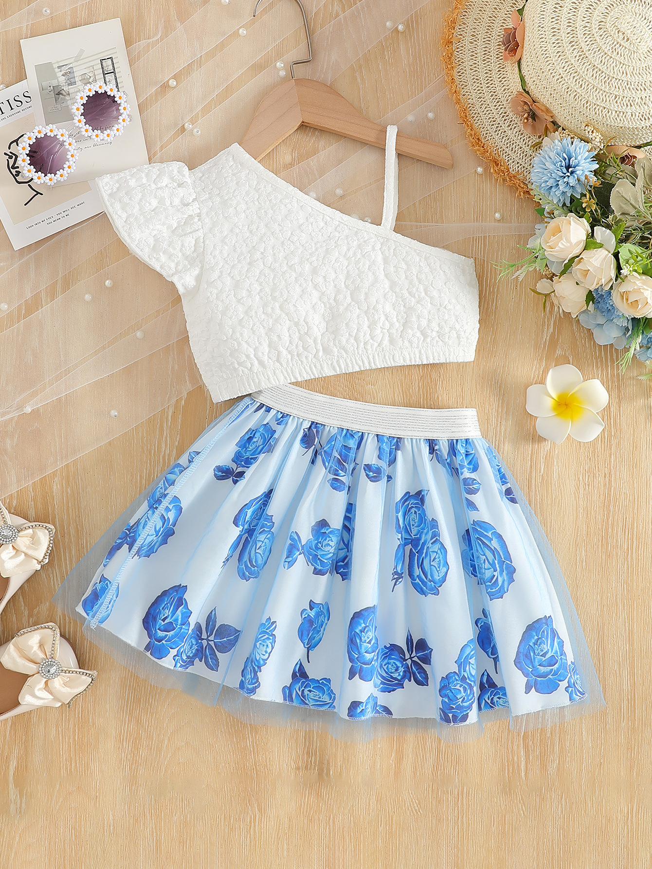 2026 verano extranjero estampado azul rosa vestido corto para niñas pantalones de cierre para niños