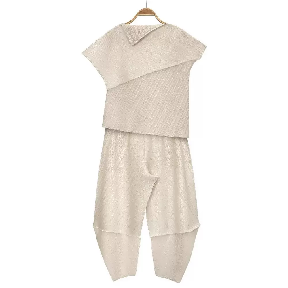 2025年秋季套装女百搭纯色休闲上衣宽松高腰褶皱长裤醋酸潮流时髦